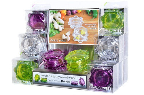 Suggested display of Garlic Twisters with a stainless steel display rack in the center with rows of Garlic Twister on the side.